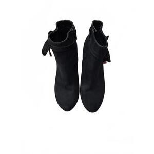 Black Suede Women's Heeled Ankle Boots with Bow Detail